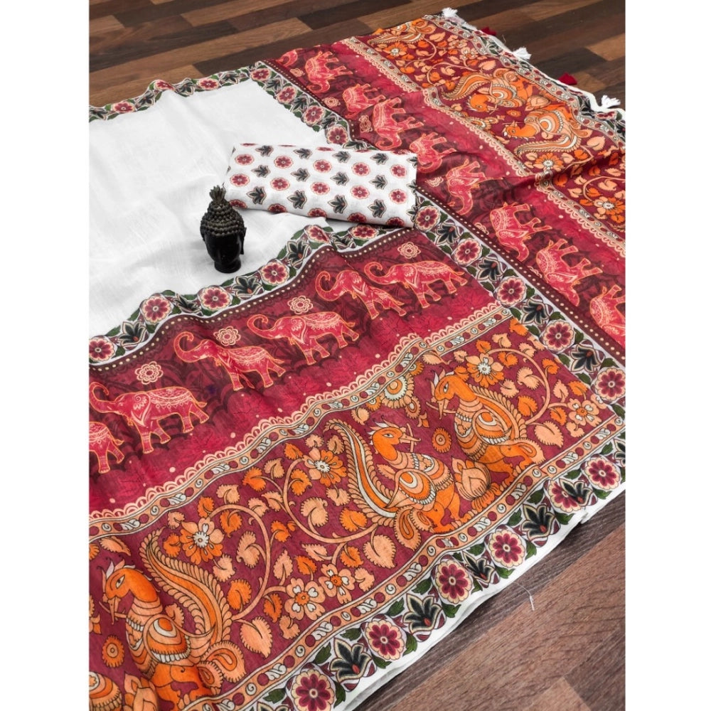 Amfyn Women's linen Digital Print Saree With Unstitched Blouse 5.5Mtr (White)