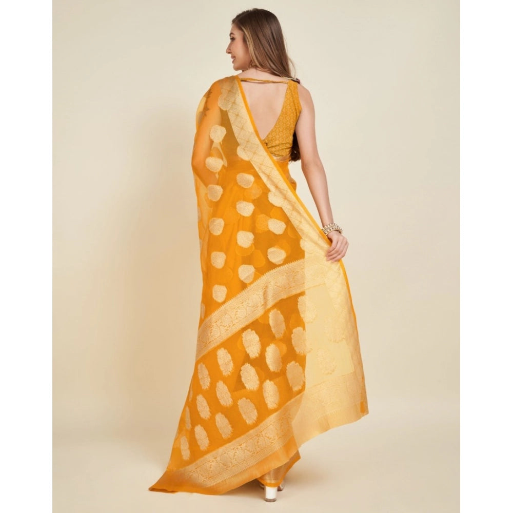 Amfyn Women's Soft Organza Silk Weaving Design Saree With Unstitched Blouse 5.5Mtr (Yellow)