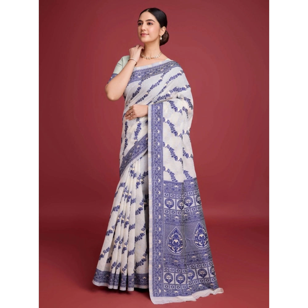 Amfyn Women's Jamdani Cotton Silk Printed Saree With Unstitched Blouse 5.5Mtr (Navy Blue)