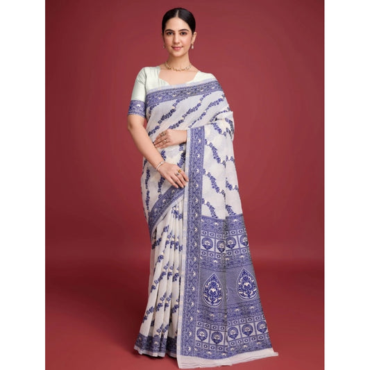 Amfyn Women's Jamdani Cotton Silk Printed Saree With Unstitched Blouse 5.5Mtr (Navy Blue)