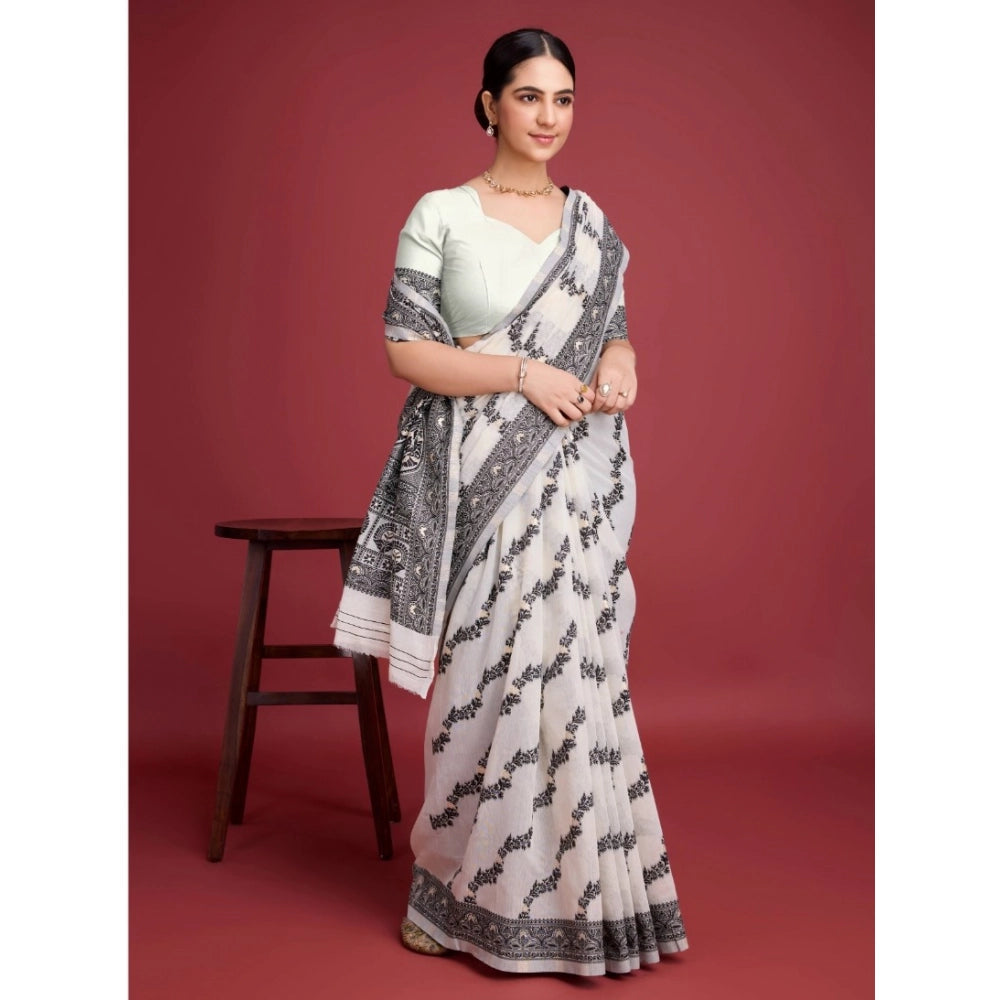 Amfyn Women's Jamdani Cotton Silk Printed Saree With Unstitched Blouse 5.5Mtr (Black)
