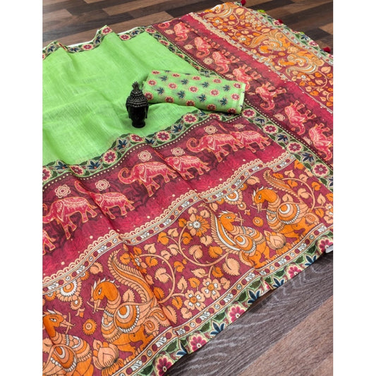 Amfyn Women's linen Digital Print Saree With Unstitched Blouse 5.5Mtr (Light Green)