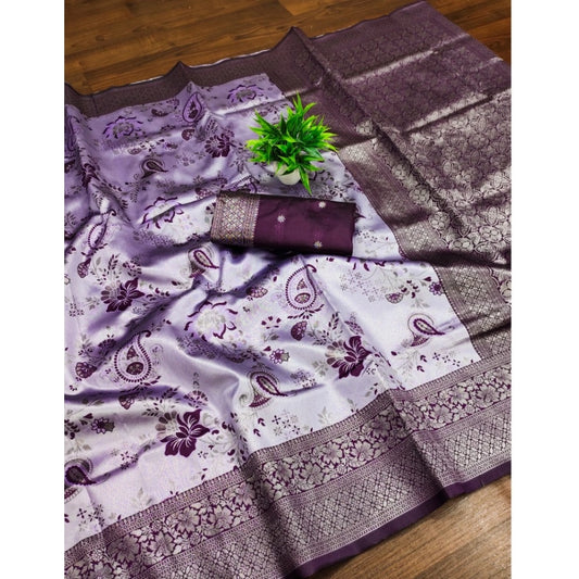 Amfyn Women's Banarasi Jacquard Printed Saree With Unstitched Blouse 5.5Mtr (Purple)