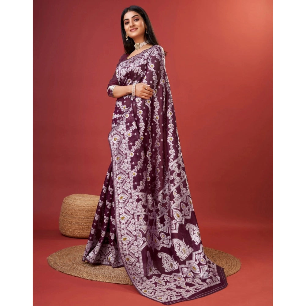 Amfyn Women's Cotton Silk Printed Saree With Unstitched Blouse 5.5Mtr (Purple)