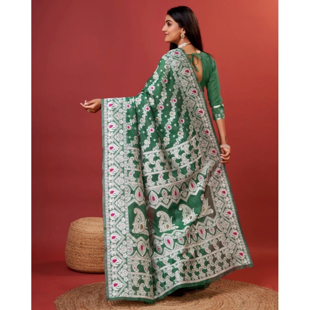 Amfyn Women's Cotton Silk Printed Saree With Unstitched Blouse 5.5Mtr (Green)