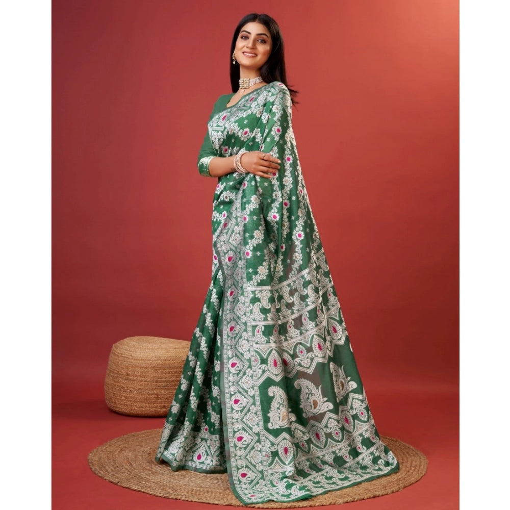 Amfyn Women's Cotton Silk Printed Saree With Unstitched Blouse 5.5Mtr (Green)