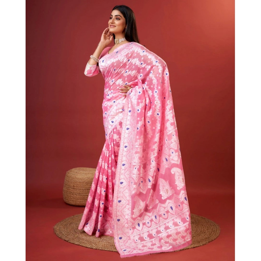 Amfyn Women's Cotton Silk Printed Saree With Unstitched Blouse 5.5Mtr (Pink)