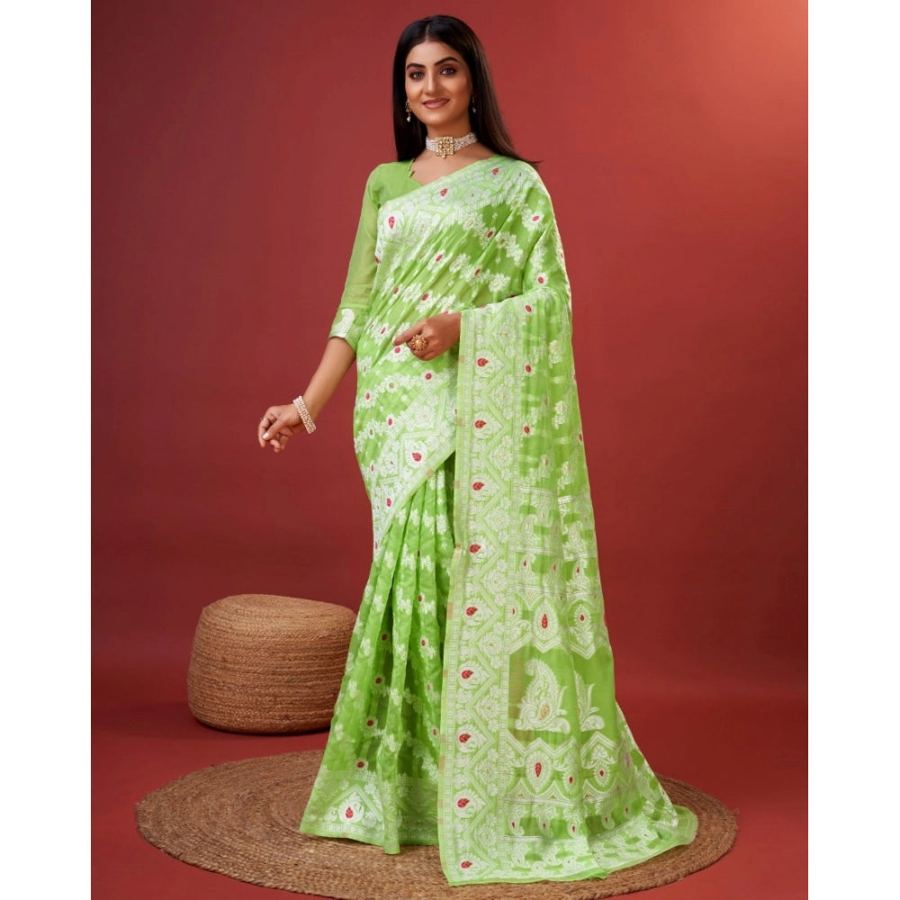 Amfyn Women's Cotton Silk Printed Saree With Unstitched Blouse 5.5Mtr (Light Green)