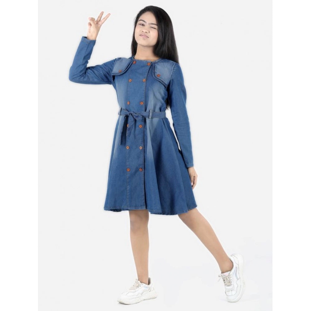 Amfyn Girl's Denim Solid Long Sleeve Round Neck Dress (Blue)