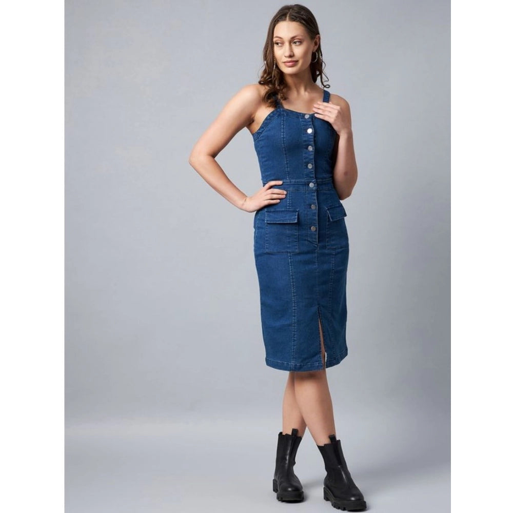 Amfyn Women's Denim Lycra Solid Square Neck Shoulder Straps Dress (Blue)