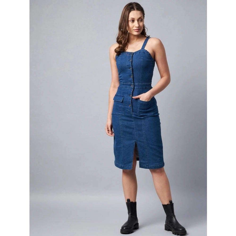 Amfyn Women's Denim Lycra Solid Square Neck Shoulder Straps Dress (Blue)