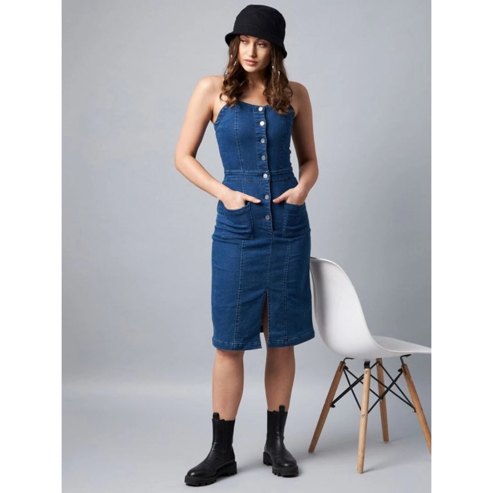 Amfyn Women's Denim Lycra Solid Square Neck Shoulder Straps Dress (Blue)