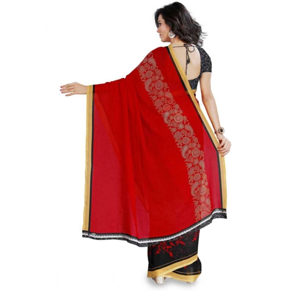 Amfyn Women's Faux Georgette Printed Saree With Unstitched Blouse 5.5Mtr (Red)