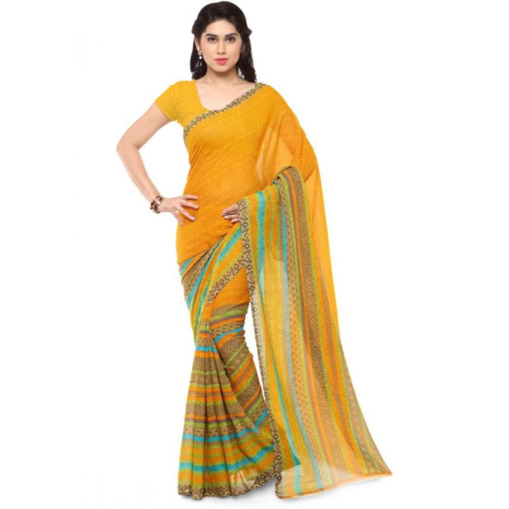 Amfyn Women's Faux Georgette Printed Saree With Unstitched Blouse 5.5Mtr (Yellow)