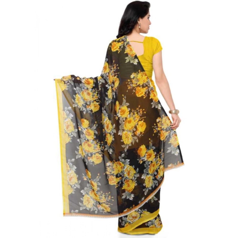 Amfyn Women's Faux Georgette Printed Saree With Unstitched Blouse 5.5Mtr (Yellow)