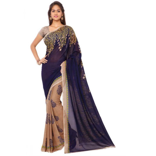 Amfyn Women's Faux Georgette Printed Saree With Unstitched Blouse 5.5Mtr (Blue)