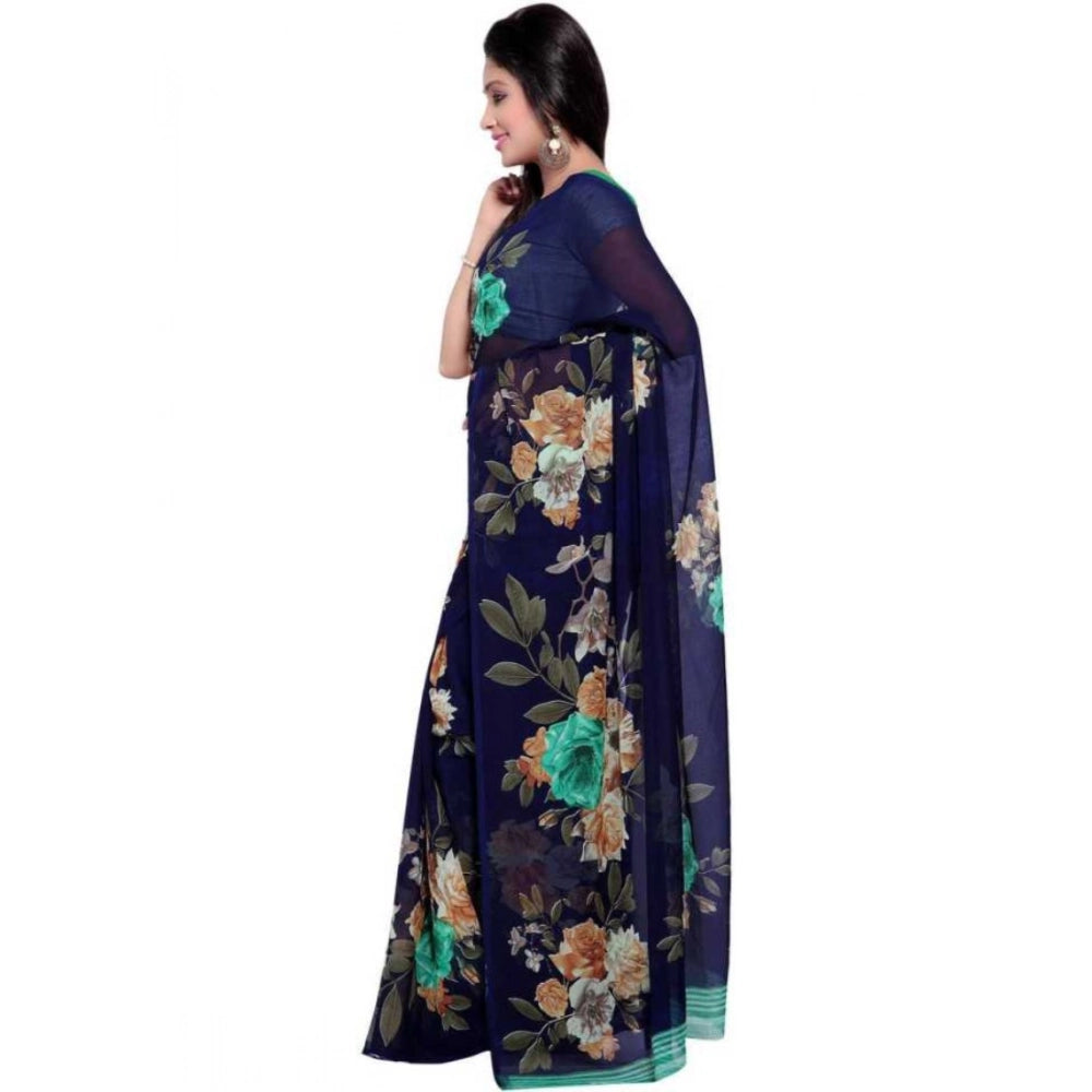 Amfyn Women's Faux Georgette Printed Saree With Unstitched Blouse 5.5Mtr (Blue)