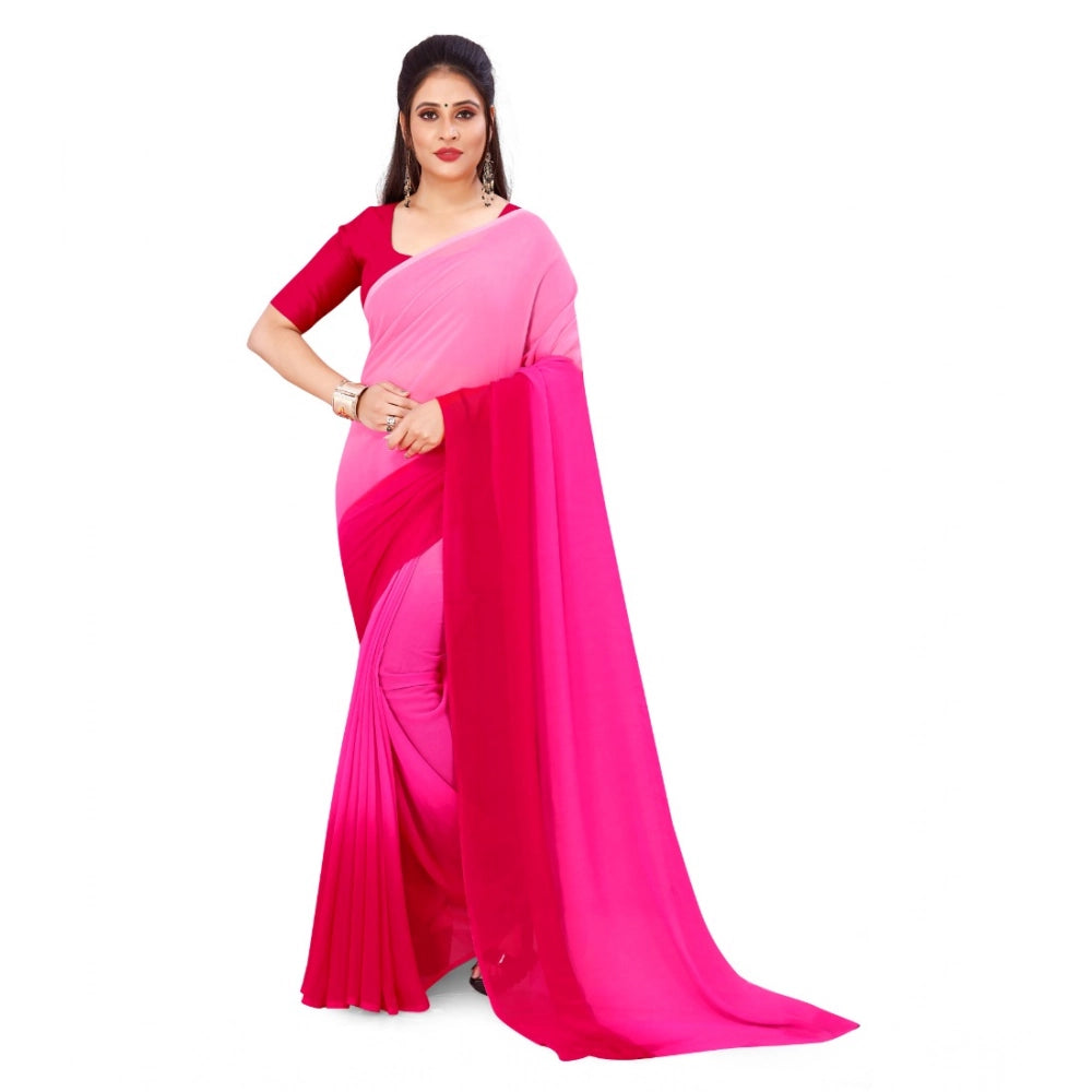 Amfyn Women's Georgette Solid Saree With Unstitched Blouse 5.5Mtr (Pink)