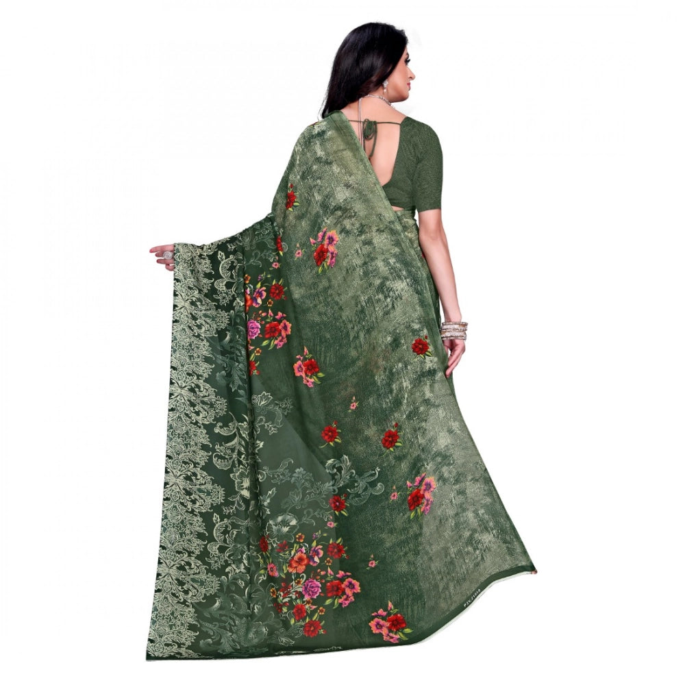 Amfyn Women's Faux Georgette Printed Saree With Unstitched Blouse 5.5Mtr (Green)