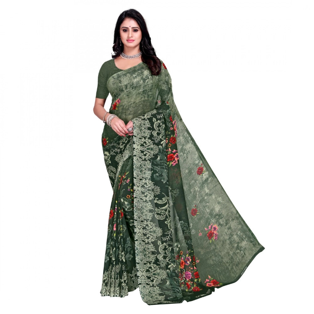 Amfyn Women's Faux Georgette Printed Saree With Unstitched Blouse 5.5Mtr (Green)