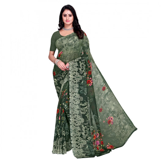 Amfyn Women's Faux Georgette Printed Saree With Unstitched Blouse 5.5Mtr (Green)