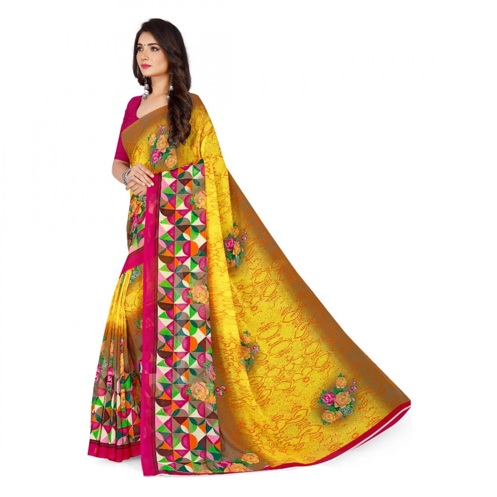 Amfyn Women's Faux Georgette Printed Saree With Unstitched Blouse 5.5Mtr (Yellow)