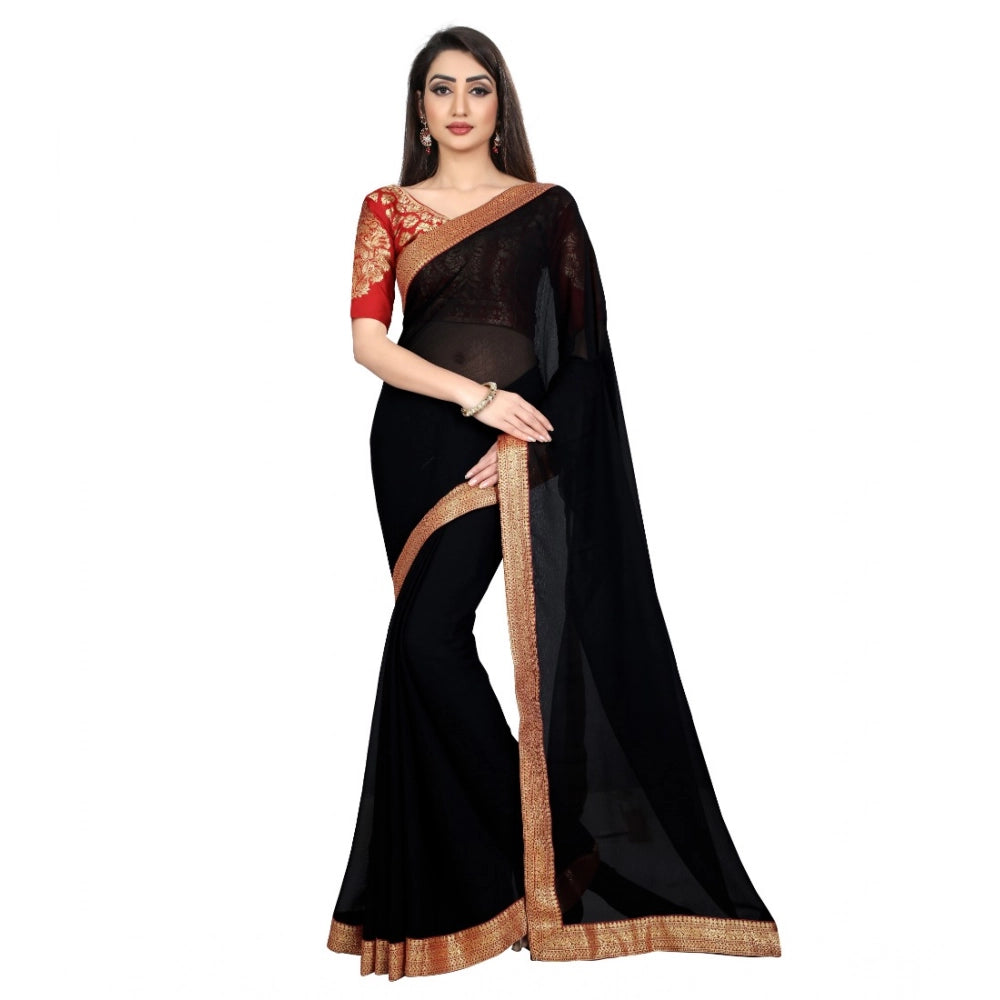 Amfyn Women's Chiifon Saree Printed Saree With Unstitched Blouse 5.5Mtr (Black)