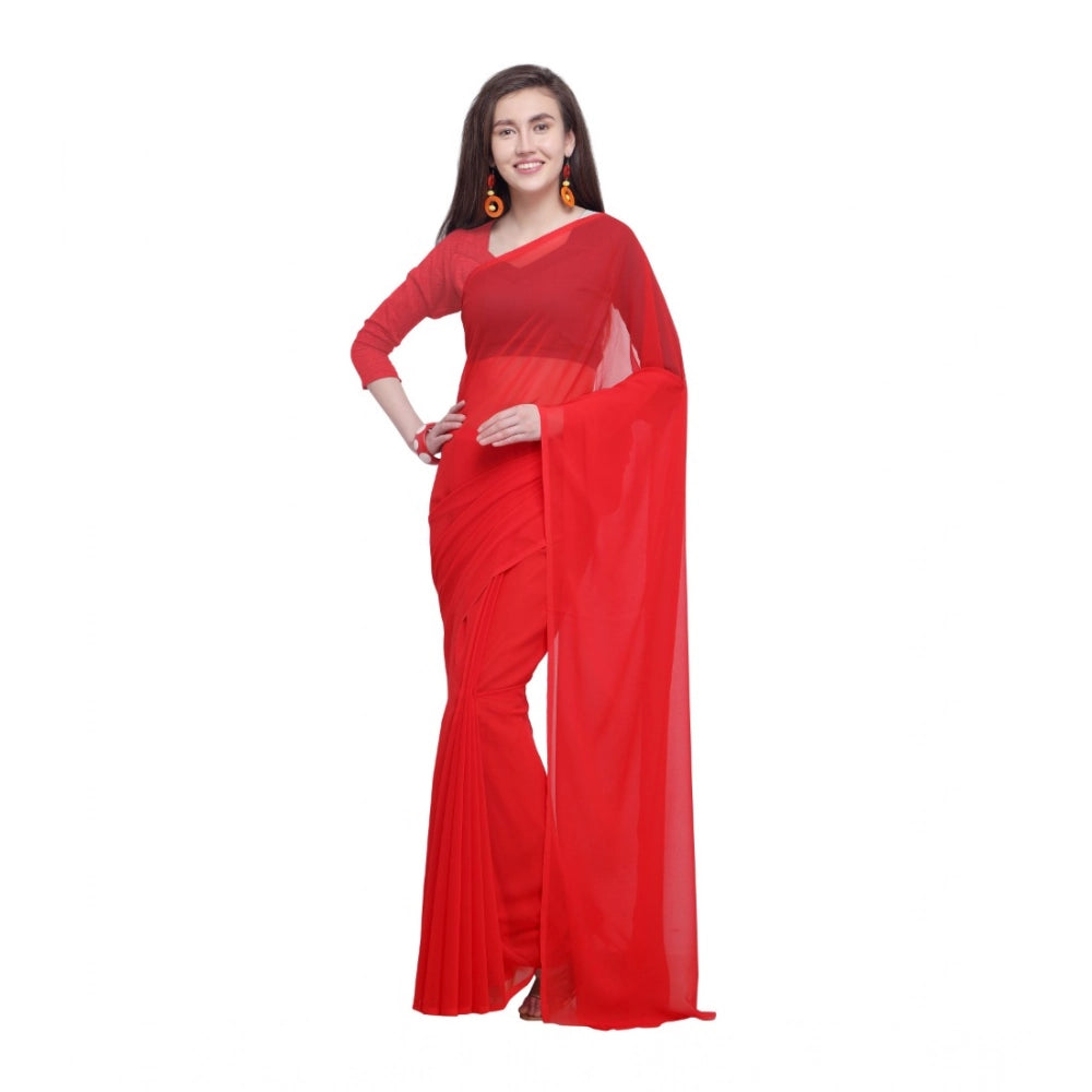 Amfyn Women's Dyed Solid Saree With Unstitched Blouse 5.5Mtr (Red)