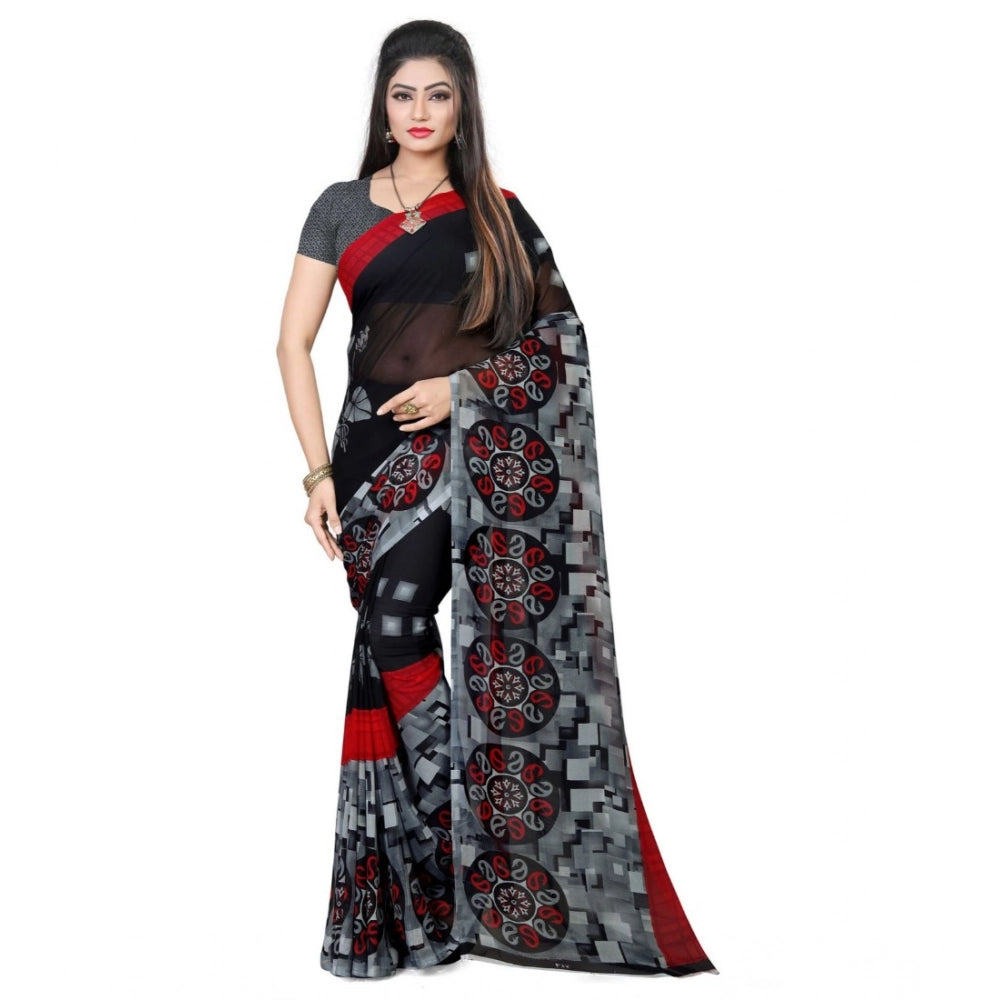 Amfyn Women's Georgette Printed Saree With Unstitched Blouse 5.5Mtr (Black)