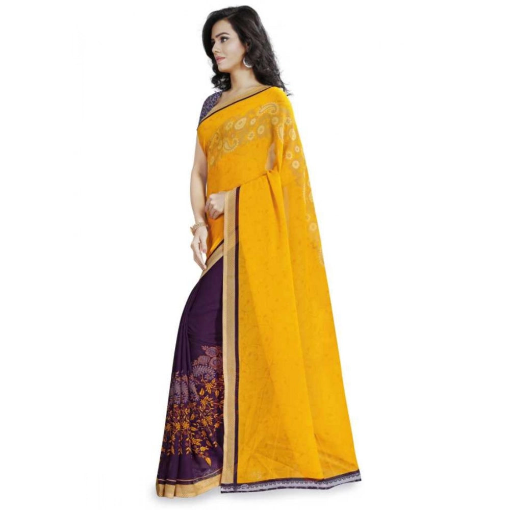 Amfyn Women's Faux Georgette Printed Saree With Unstitched Blouse 5.5Mtr (Yellow)