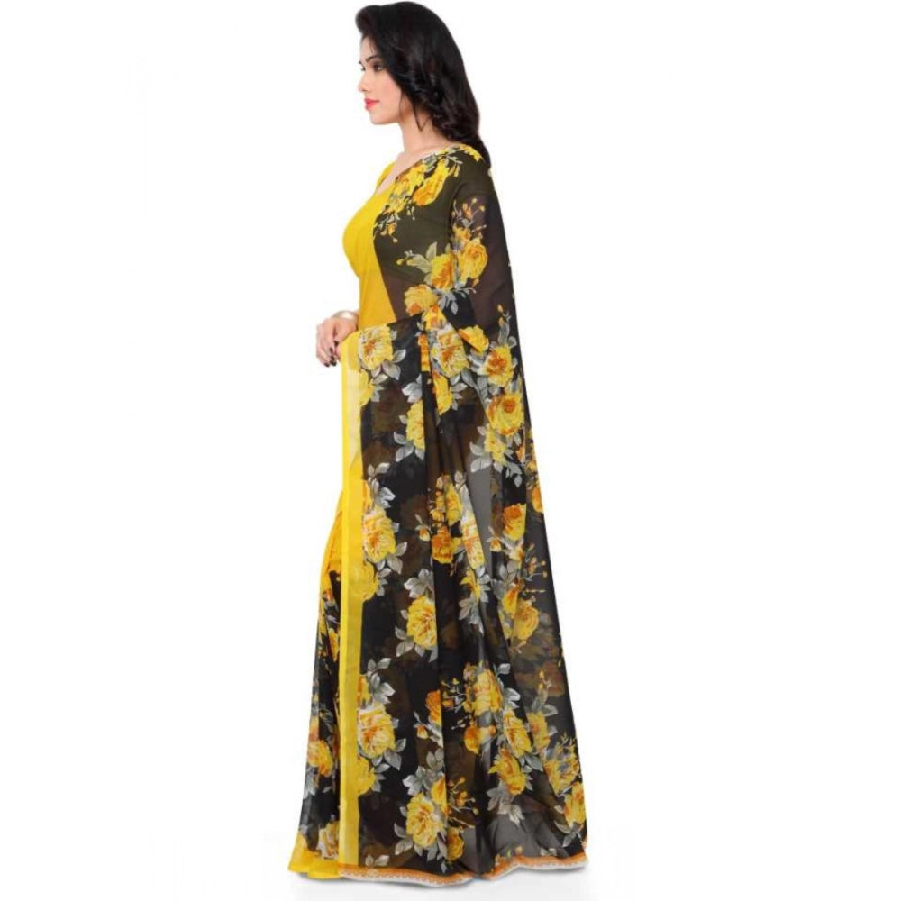 Amfyn Women's Faux Georgette Printed Saree With Unstitched Blouse 5.5Mtr (Yellow)