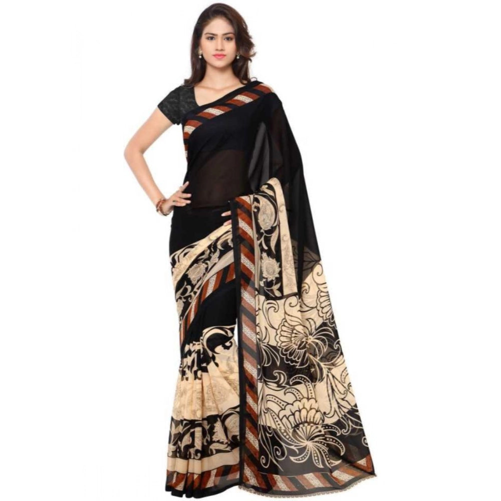 Amfyn Women's Faux Georgette Printed Saree With Unstitched Blouse 5.5Mtr (Black)