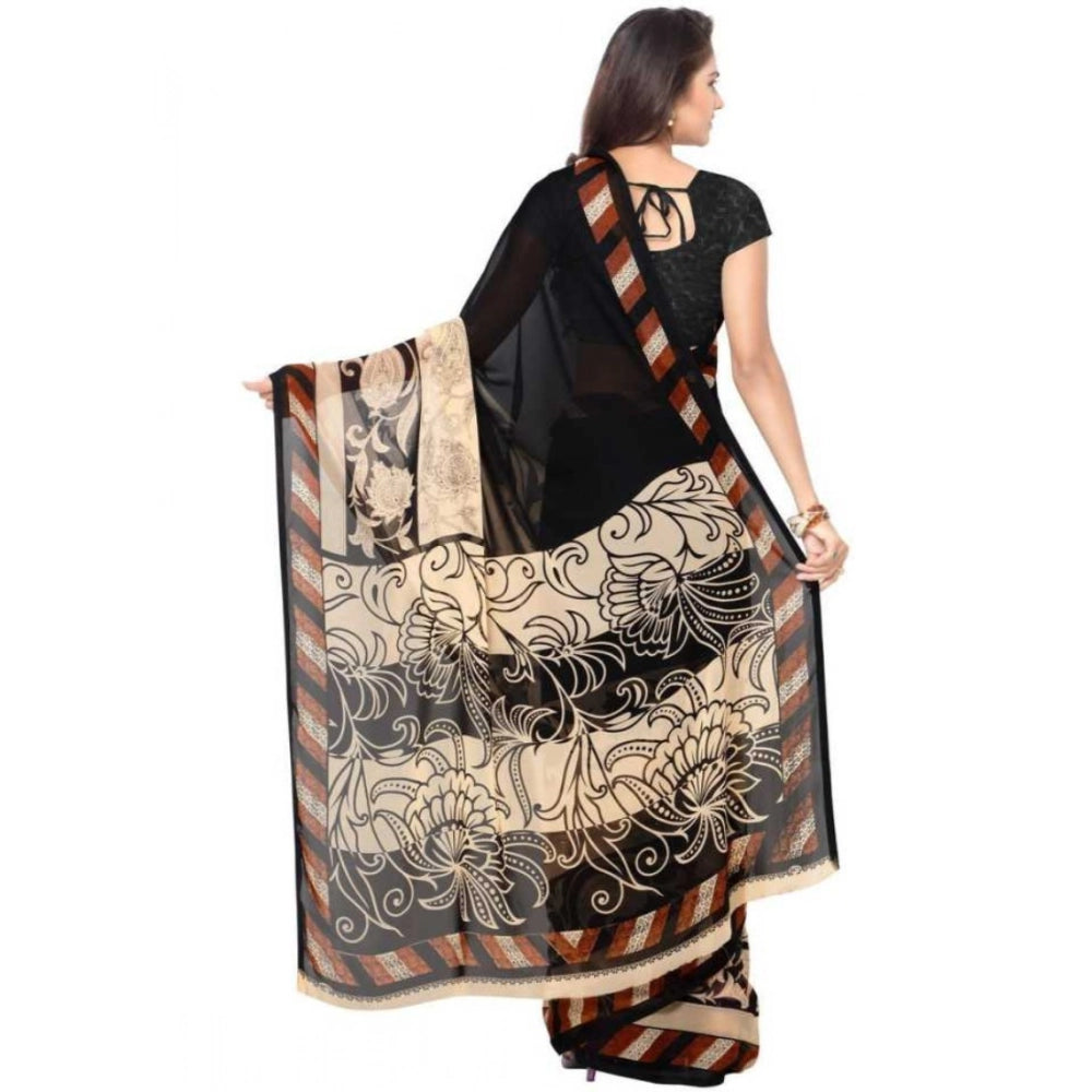 Amfyn Women's Faux Georgette Printed Saree With Unstitched Blouse 5.5Mtr (Black)