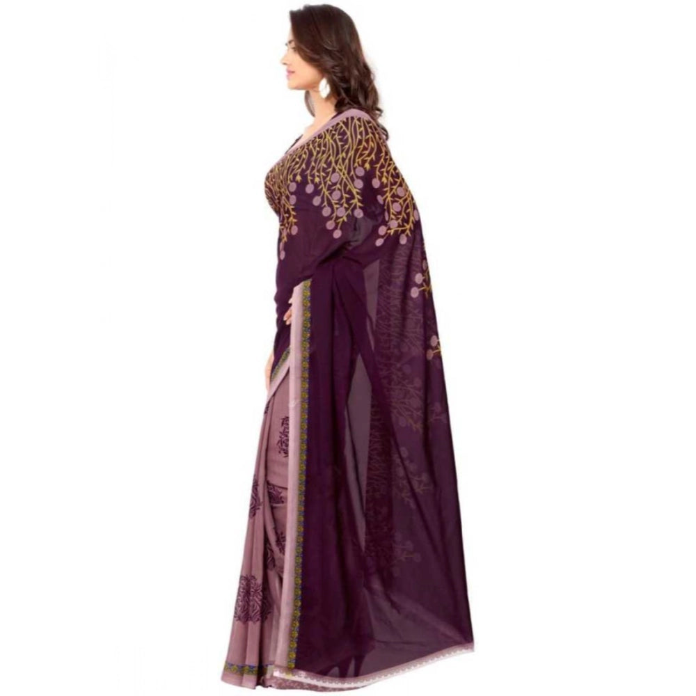 Amfyn Women's Faux Georgette Printed Saree With Unstitched Blouse 5.5Mtr (Wine)