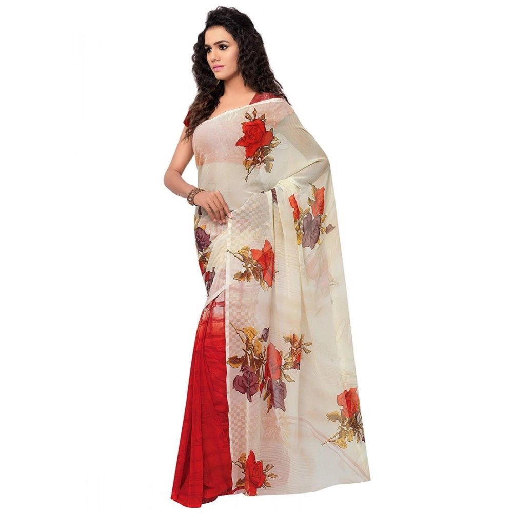 Amfyn Women's Faux Georgette Printed Saree With Unstitched Blouse 5.5Mtr (Red)