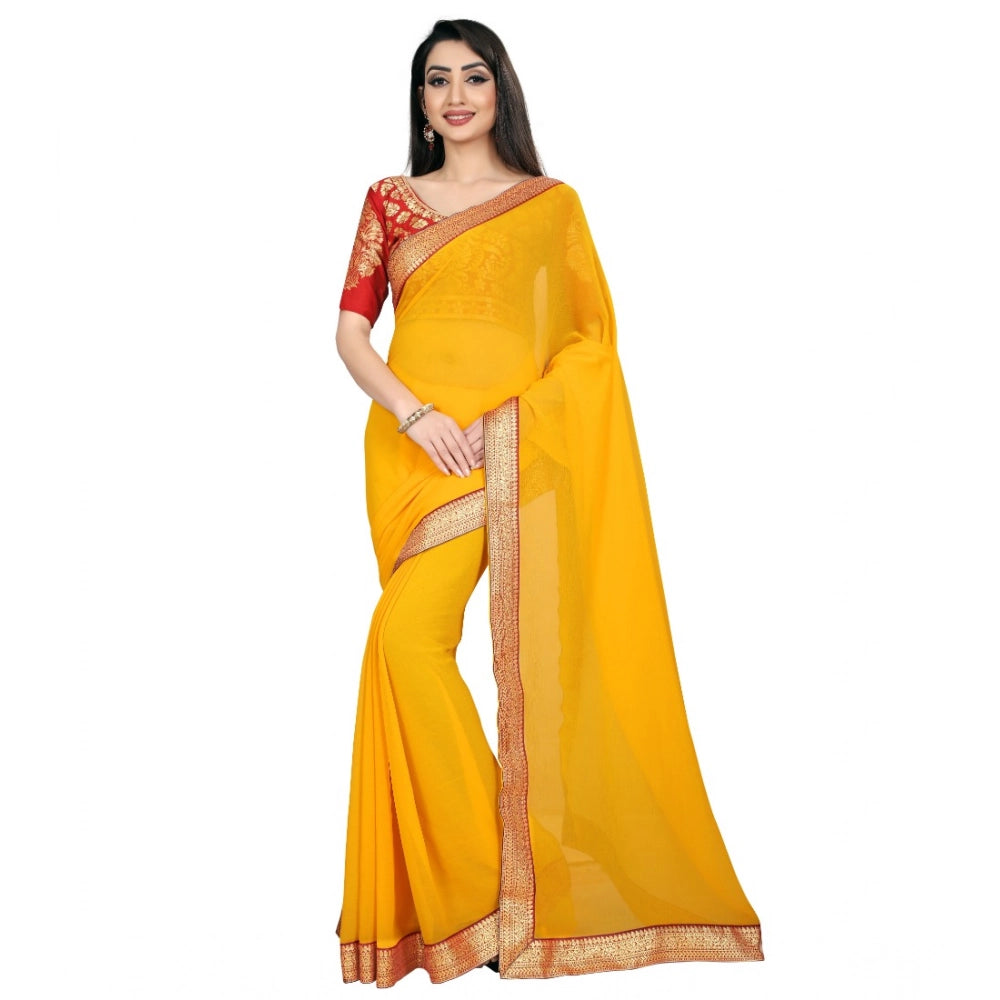 Amfyn Women's Chiifon Saree Printed Saree With Unstitched Blouse 5.5Mtr (Yellow)