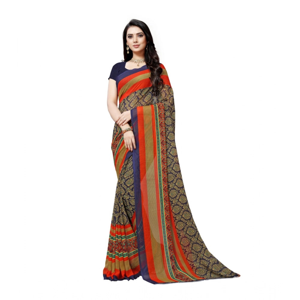 Amfyn Women's Georgette Printed Saree With Unstitched Blouse 5.5Mtr (Blue)