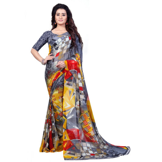Amfyn Women's Faux Georgette Printed Saree With Unstitched Blouse 5.5Mtr (Grey)