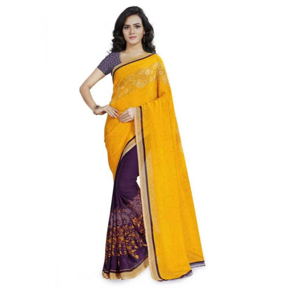Amfyn Women's Faux Georgette Printed Saree With Unstitched Blouse 5.5Mtr (Yellow)