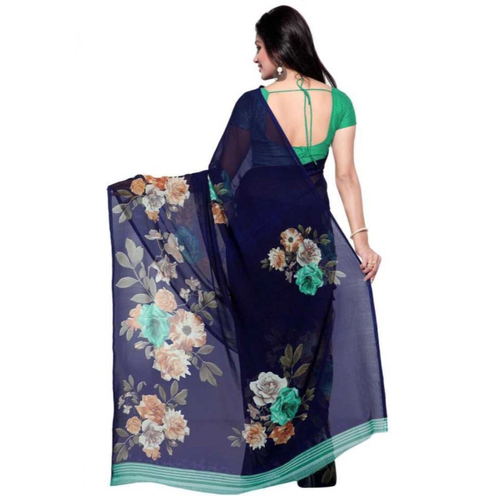 Amfyn Women's Faux Georgette Printed Saree With Unstitched Blouse 5.5Mtr (Blue)