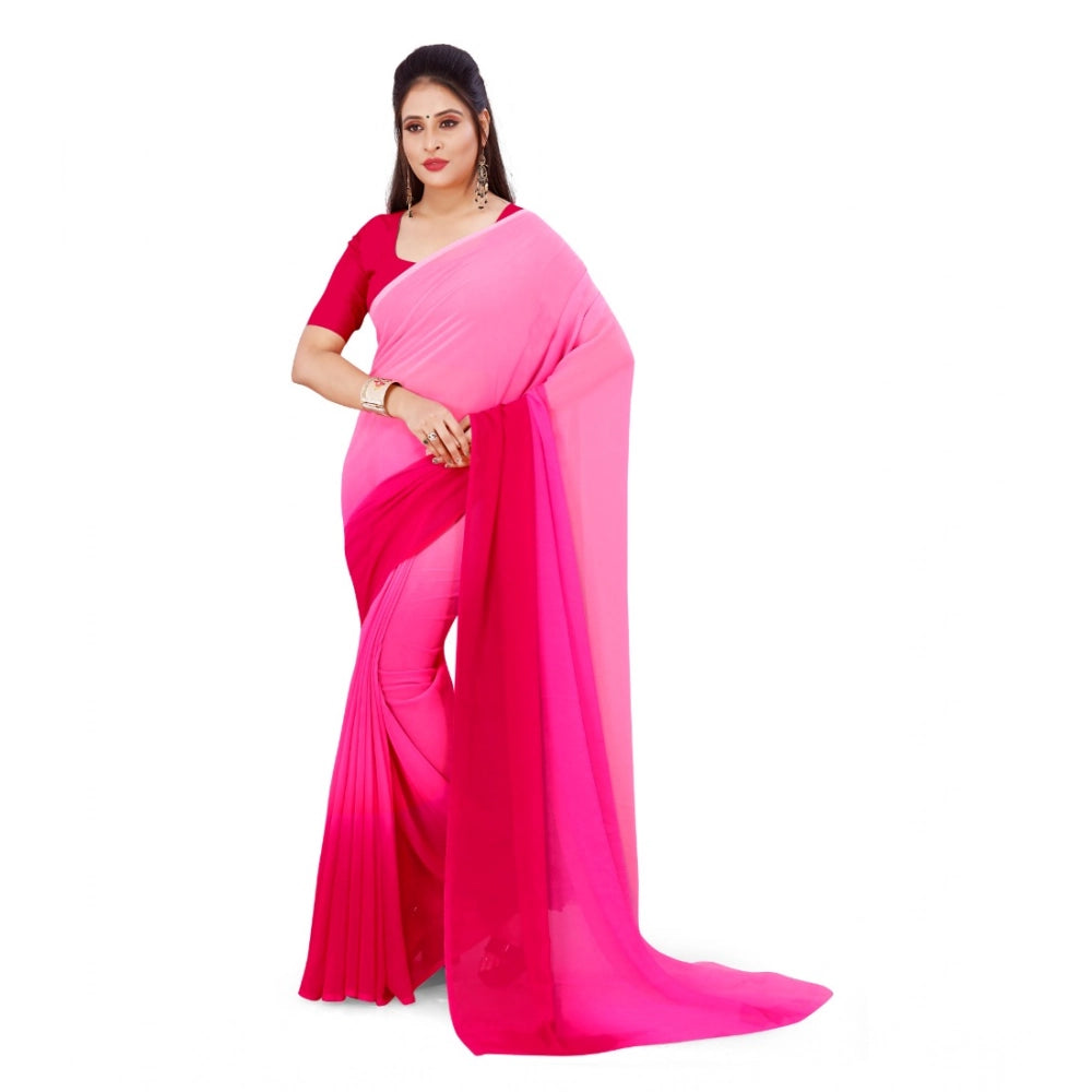 Amfyn Women's Georgette Solid Saree With Unstitched Blouse 5.5Mtr (Pink)
