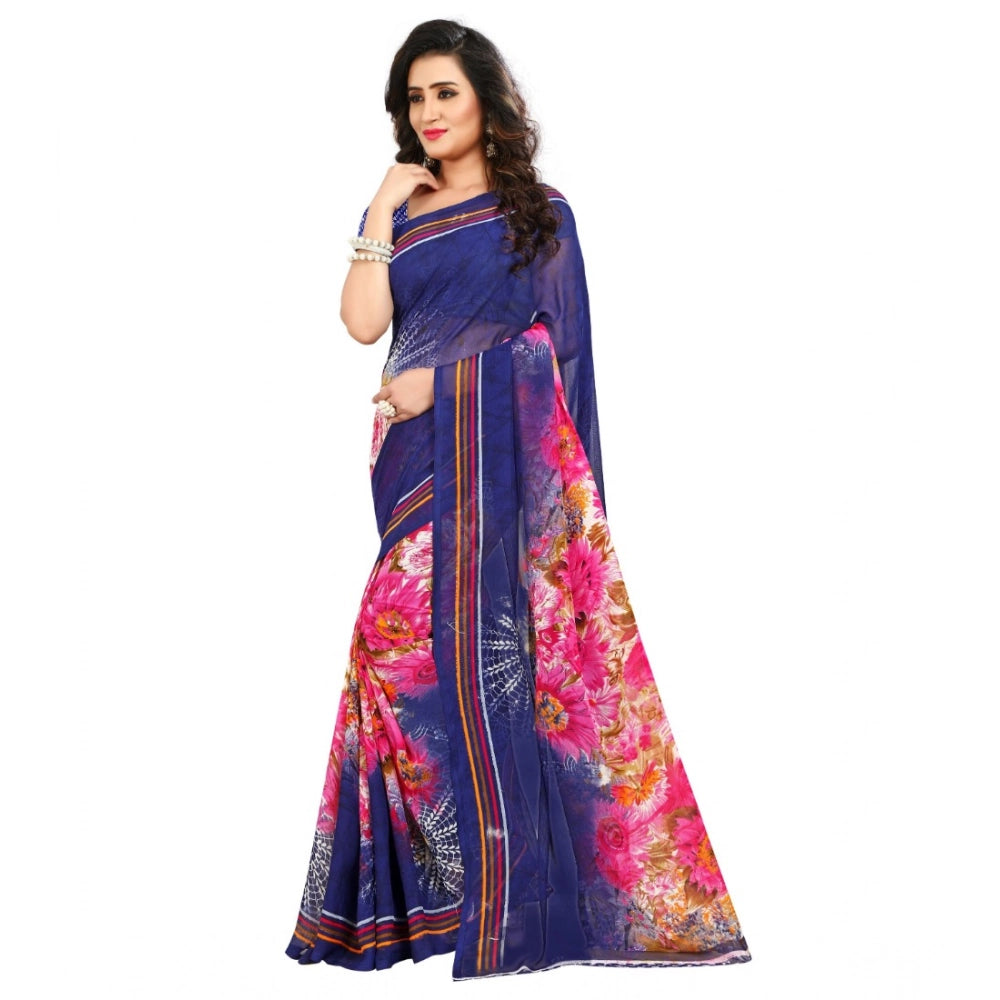 Amfyn Women's Georgette Printed Saree With Unstitched Blouse 5.5Mtr (Blue)