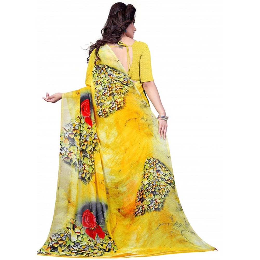 Amfyn Women's Faux Georgette Printed Saree With Unstitched Blouse 5.5Mtr (Yellow)