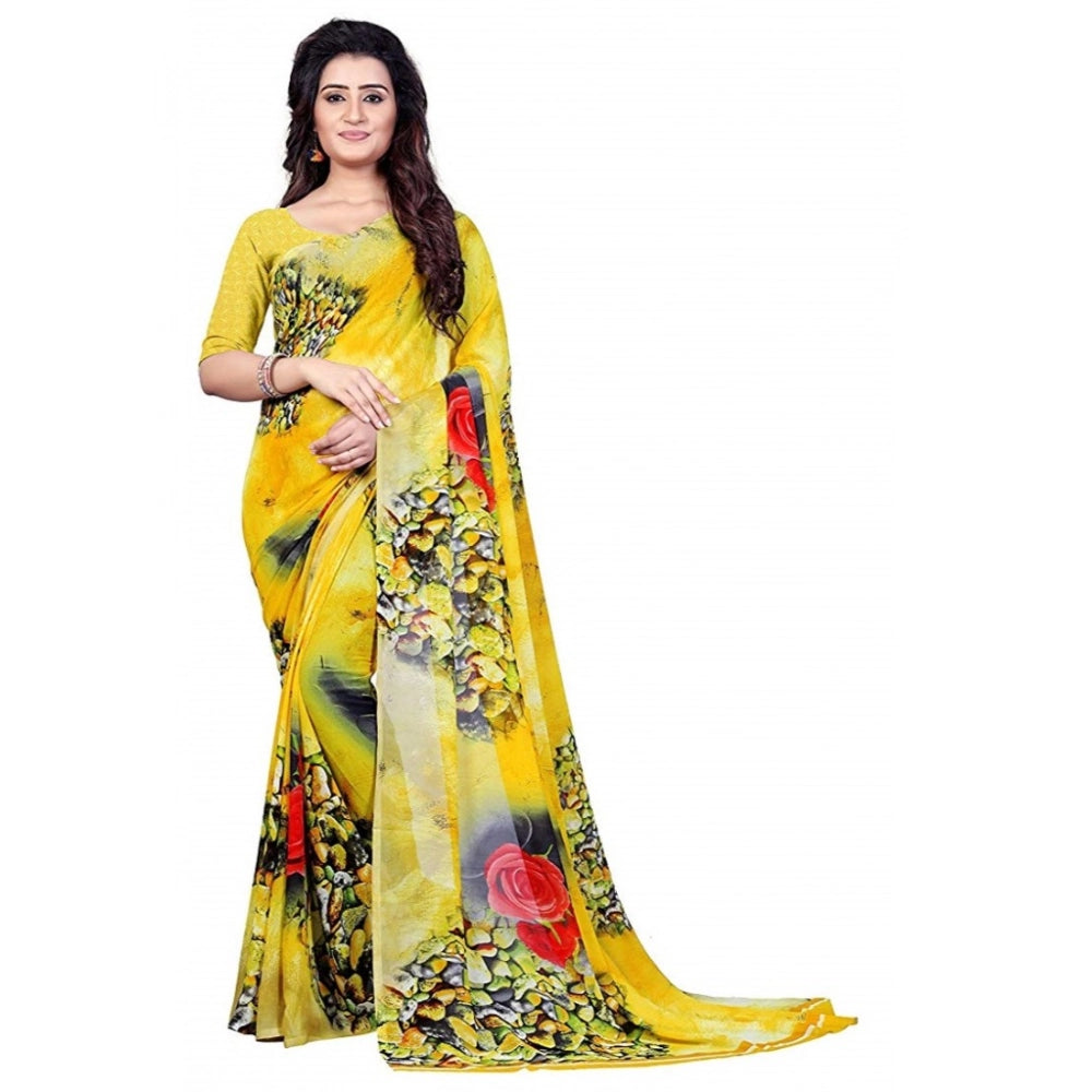 Amfyn Women's Faux Georgette Printed Saree With Unstitched Blouse 5.5Mtr (Yellow)