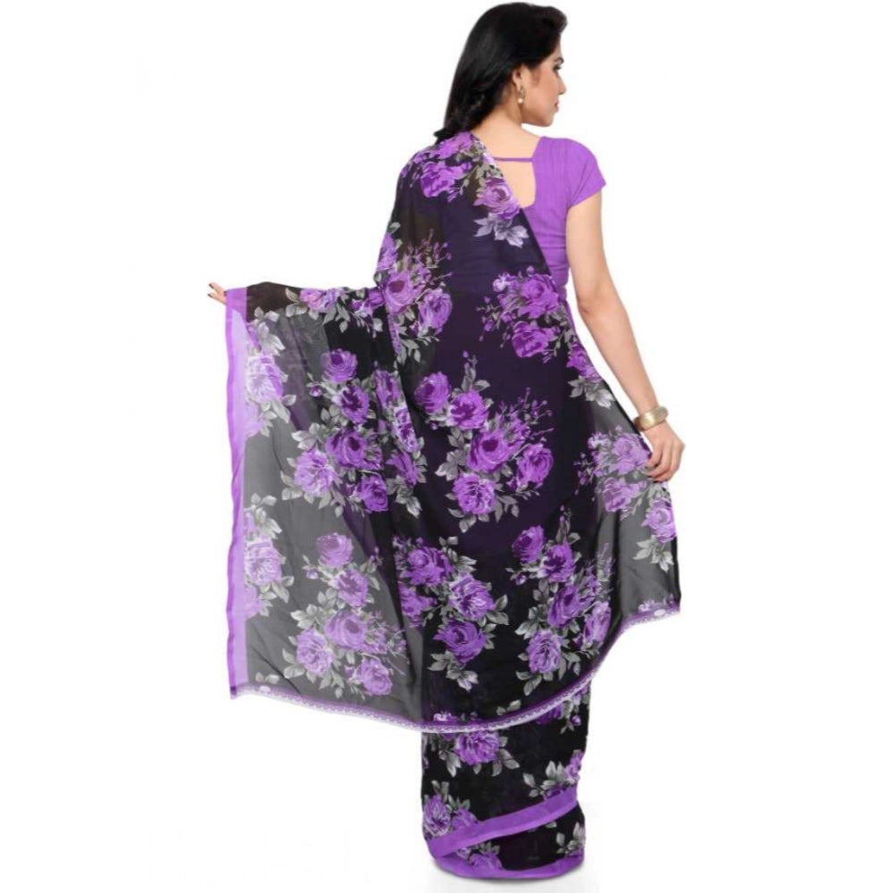 Amfyn Women's Faux Georgette Printed Saree With Unstitched Blouse 5.5Mtr (Purple)
