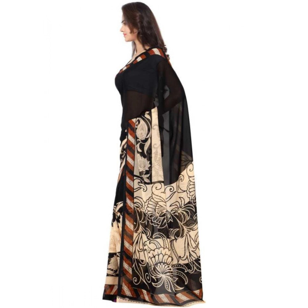 Amfyn Women's Faux Georgette Printed Saree With Unstitched Blouse 5.5Mtr (Black)