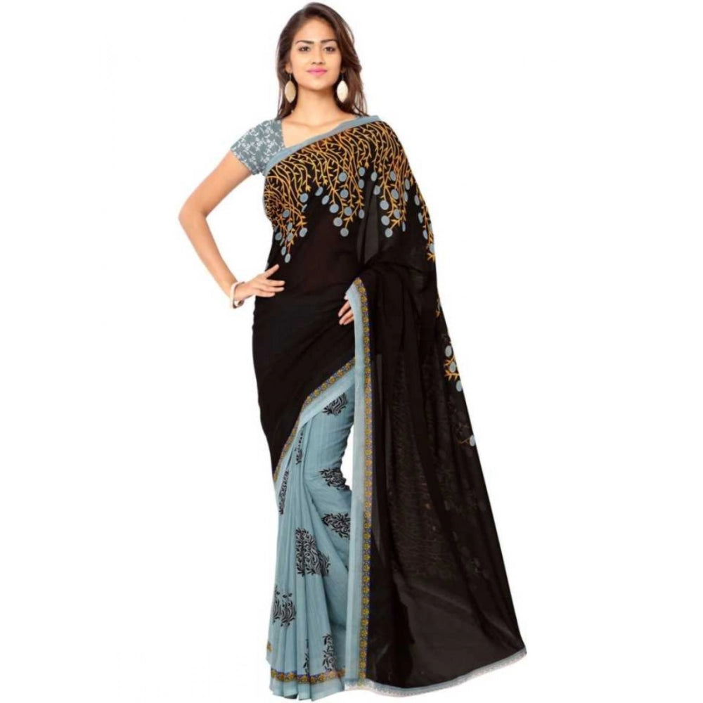 Amfyn Women's Faux Georgette Printed Saree With Unstitched Blouse 5.5Mtr (Brown)
