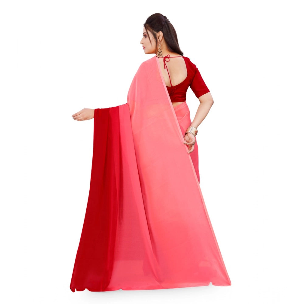 Amfyn Women's Georgette Solid Saree With Unstitched Blouse 5.5Mtr (Pink)