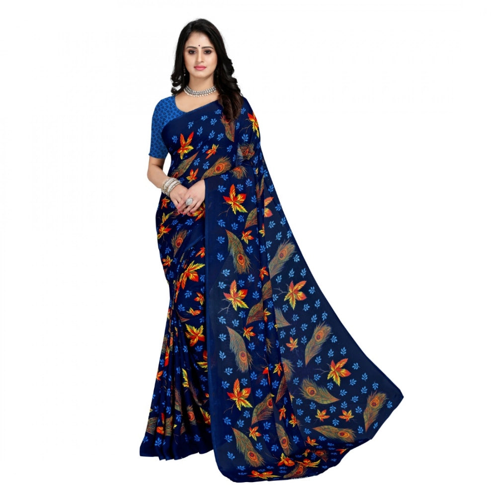Amfyn Women's Faux Georgette Printed Saree With Unstitched Blouse 5.5Mtr (Blue)