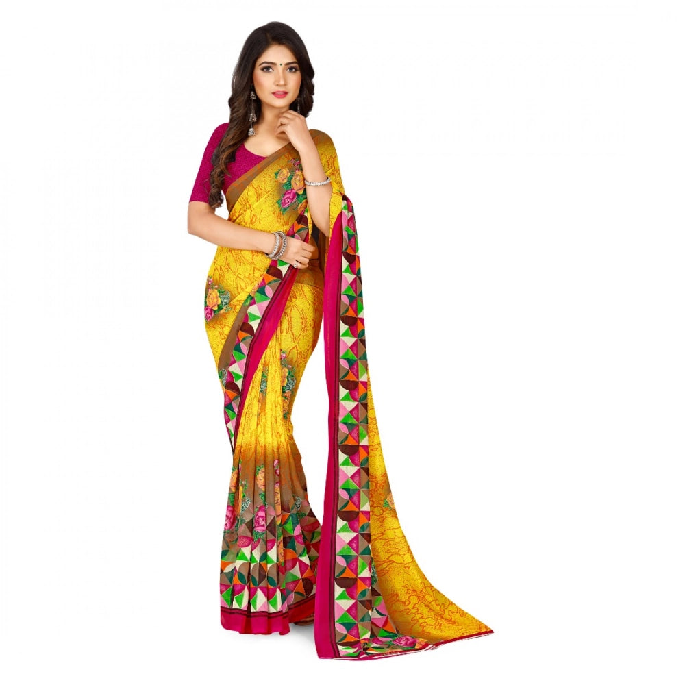 Amfyn Women's Faux Georgette Printed Saree With Unstitched Blouse 5.5Mtr (Yellow)